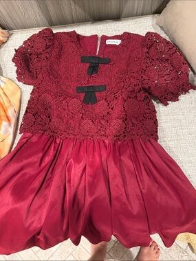 Self-Portrait Girls' Burgundy Lace & Satin Dress with Black Bows